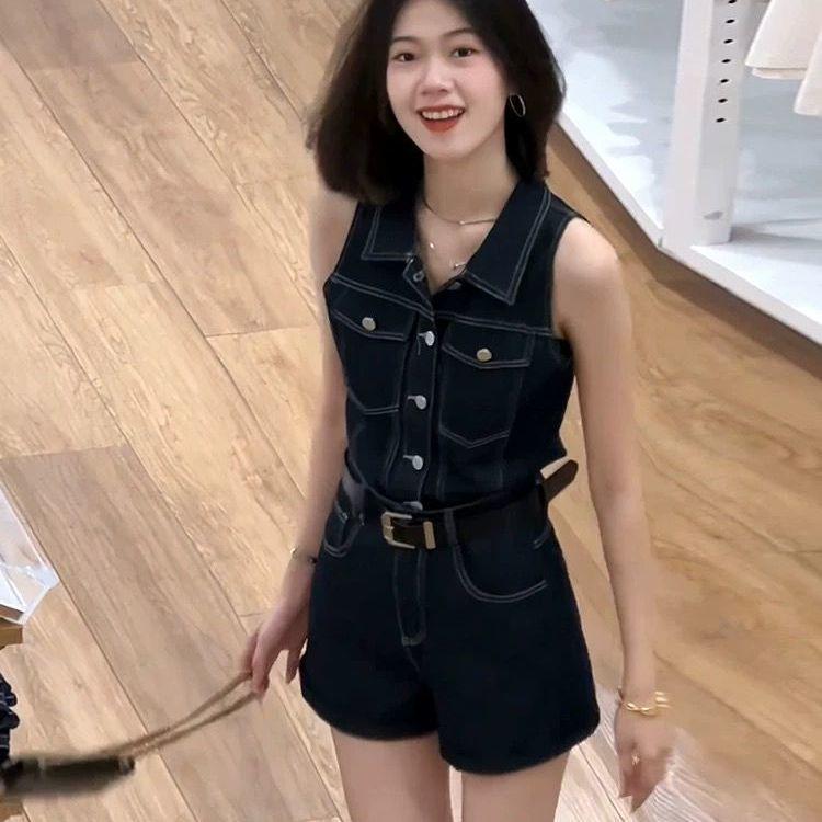 

Retro Hong Kong Style Denim 2026 Sleeveless Top & High-Waisted Shorts Petite Set S (Recommended for under 100 lbs)