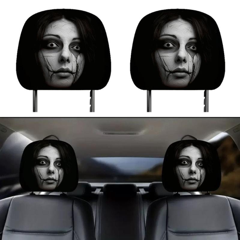 2 Stück Halloween-inspirierte Auto-Kopfstützenbezüge Bequeme Polyester-Belüftete Kopfstützenabdeckung Geeignet für Fahrzeuge