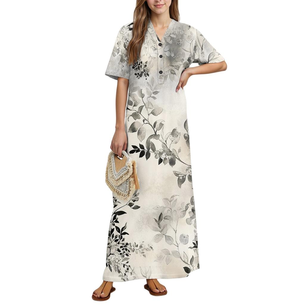 Women's Fashion Printed Nightgown Home Clothes Short Sleeve Nightgown With Pockets Long Dress