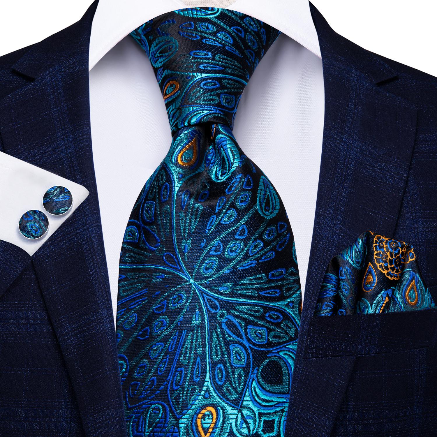 Hi-Tie Türkisblau Gepunktet Gestreiftes Design Seidenhochzeit Nicktie Für Männer Einstecktuch Manschettenknöpfe Geschenk Herren Krawatten-Set Geschäftsfeier Dropshipping blue
