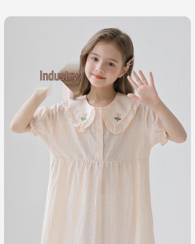 Lulu Cow Girls' Summer Short Sleeve Cotton Nightgown - Thin Princess Dress for Kids, Medium & Large Sizes