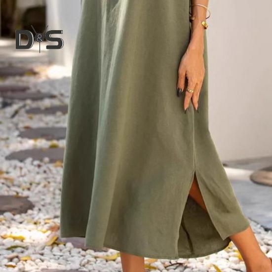 Women's Cotton Linen Maxi Dress Casual V-Neck Sleeveless Loose Tank Dress Summer Beach Long Split Sundress