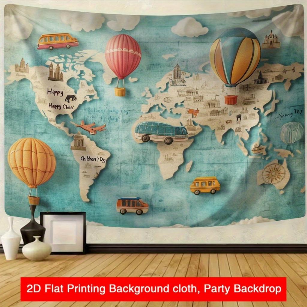 2D flat, single-piece world map hot air balloon travel exploration cartoon background fabric, suitable for bedroom