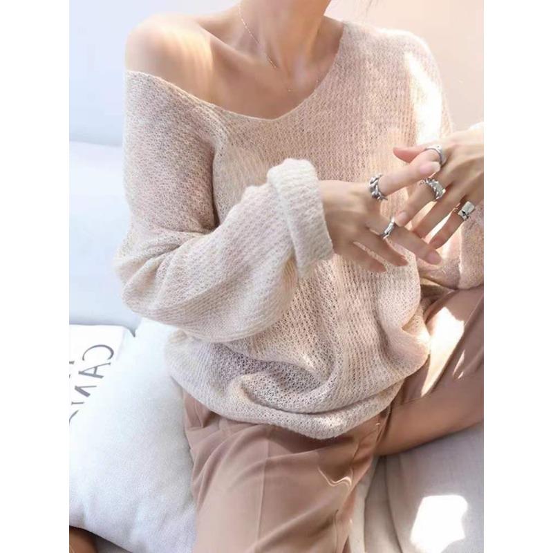 Spring and autumn new mohair V-neck loose lazy style knitted thin pullover hollow sweater top wear women