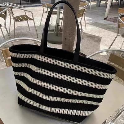 Black and White Striped Tote Bag 2025 Woven Large Capacity Single Shoulder Women's Bag Lazy Style Lightweight Vacation Bag Shopping Bag for Women