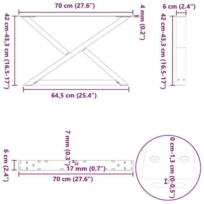VidaXL Pieds de table basse 2 pièces Acier naturel 70 x (42-43,3) cm Acier 4012715