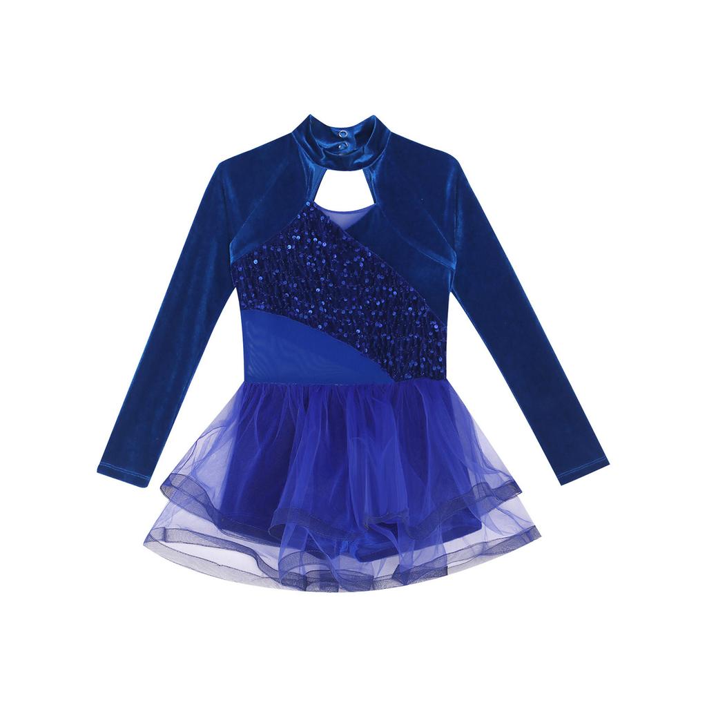 Girls Sparkling Sequins Dance Dress Mock Neck Long Sleeve with Velvet Patchwork Tutu Skirt for Performance 6-14