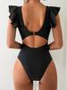 European & American Black Ruffle V-Neck Cut-out One-Piece Swimsuit for Women - Sexy, Slimming Beach Vacation Wear