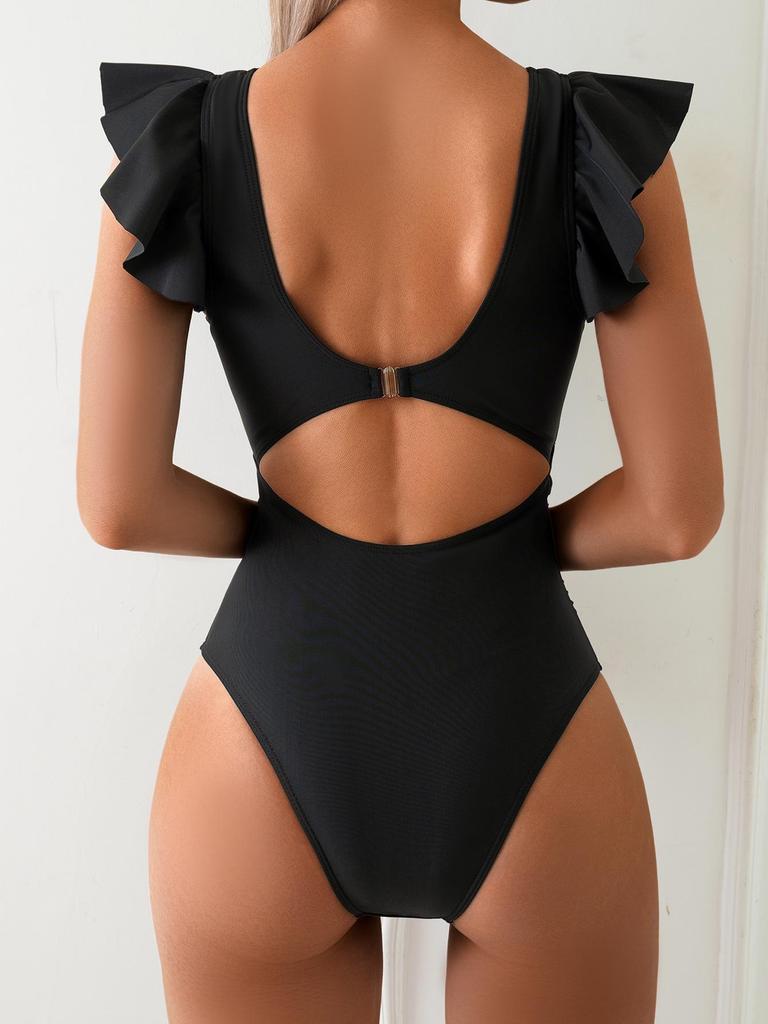 European & American Black Ruffle V-Neck Cut-out One-Piece Swimsuit for Women - Sexy, Slimming Beach Vacation Wear
