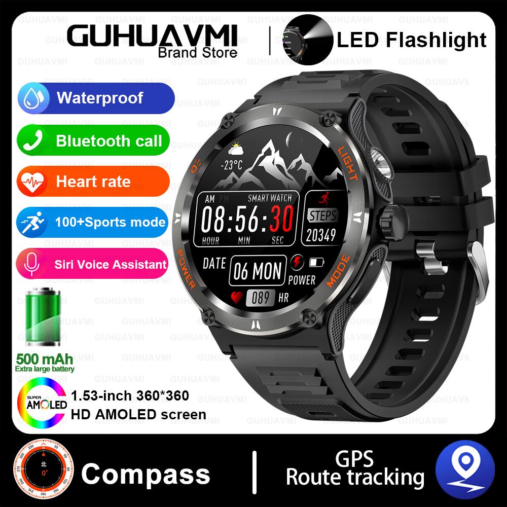 Outdoor Military Smart Watch Men LED Strong Light AMOLED Screen Heart Rate Compass Bluetooth Call 3ATM Waterproof Smartwatch