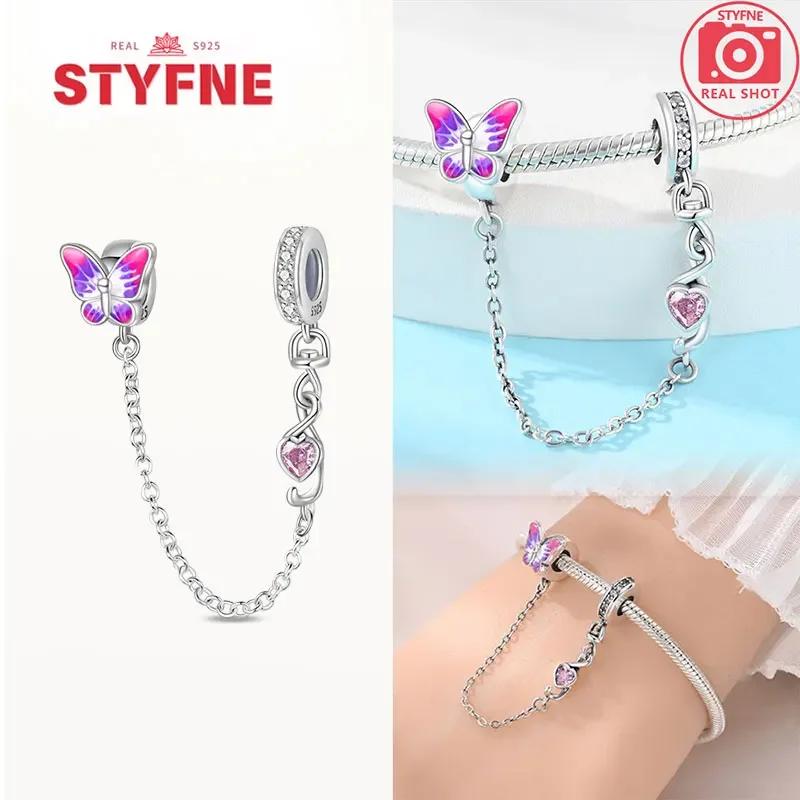 Real Silver 925 Star and Moon Flower Heart Safety Chain Wearable Jewelry Gift Bracelet DIY Beads for Women