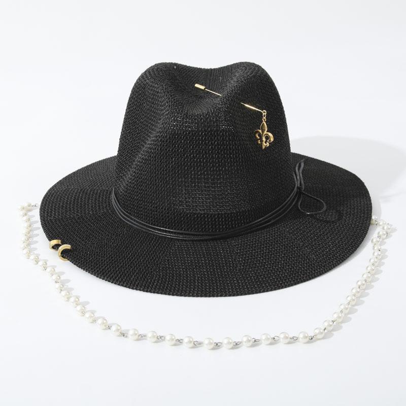 

Womens Beach Sun Straw Hat -Foldable Floppy Straw Beach Hat for Women With pearl decoration 56-58cm