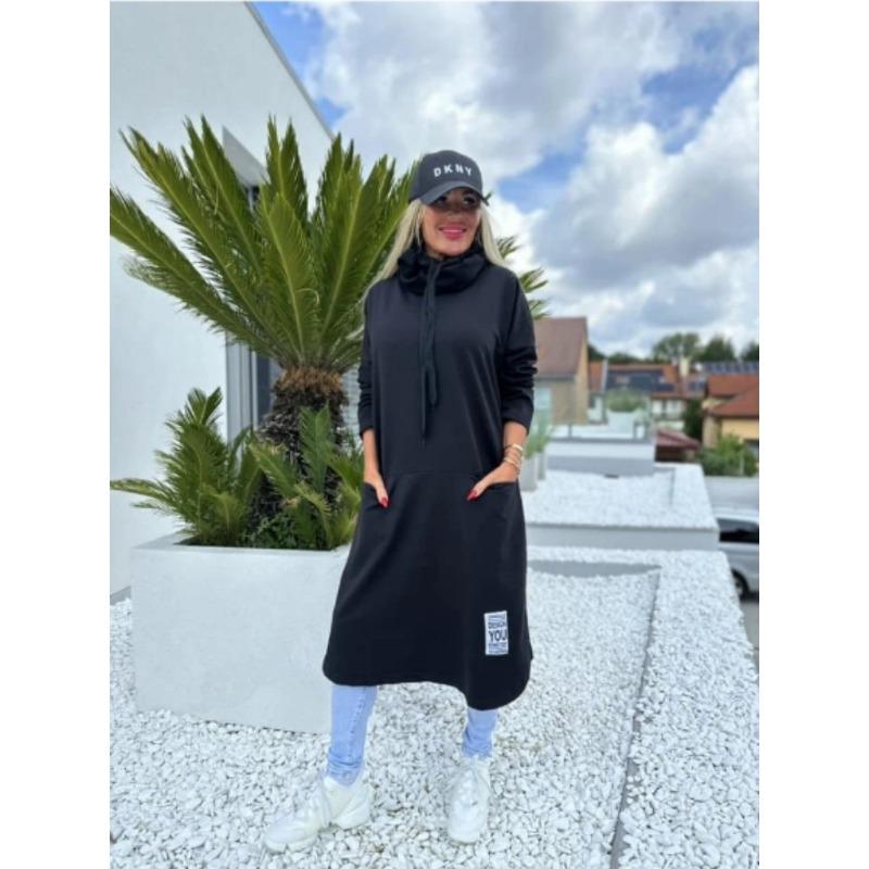 

DAFIFY Женская мода весна осень однотонный принт длинный рукав высокий ворот свободная талия повседневные платья S чёрный