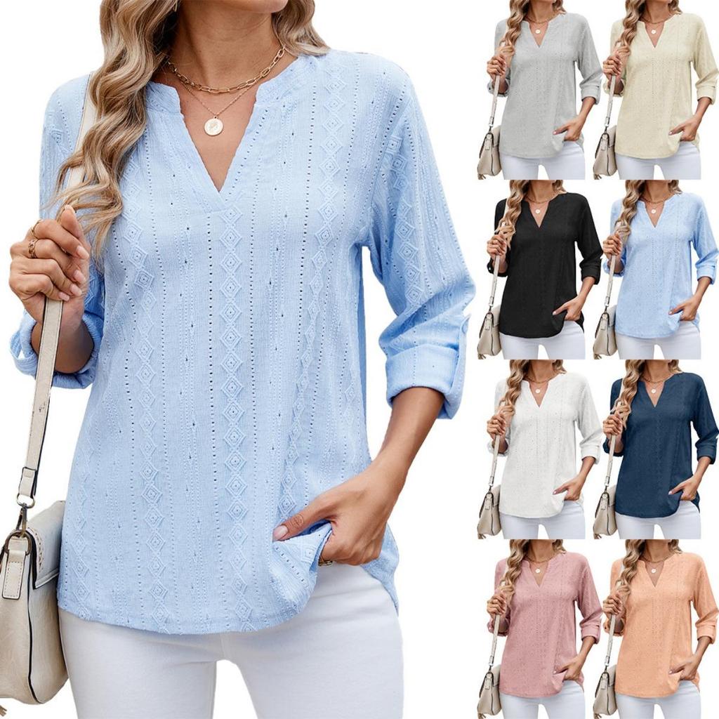 Leisure Europe America Spring Summer New Women's Loose V-Neck Solid Color 3/4 Sleeve Button Down T-shirt Top for Leisure