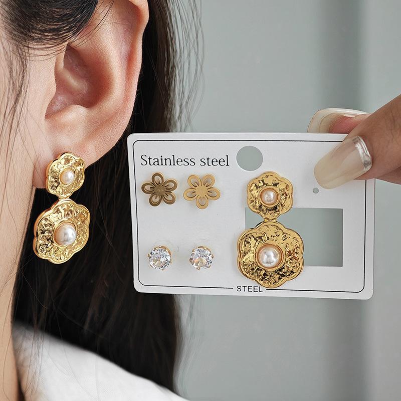 Women Bohemian Crystal Flower Pearl Ear Stud Earrings Set 3 Pair