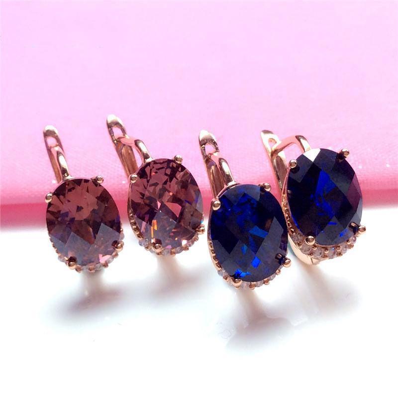 Purple Gold-Plated Rose Gold Inlaid With Smoke Blue Stone Egg Surface Temperament Style Fashion Trend Colored Gold Ear Buckle