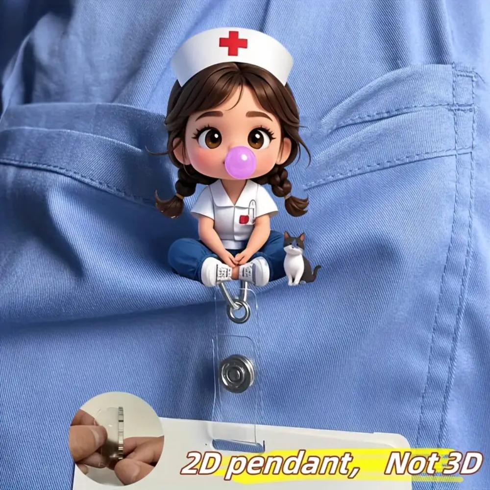 2D Flat Acrylic Cartoon Nurse & Doctor Card Holder, Retractable Badge Reel, Hospital ID Badge & Chest Pin for Doctors & Nurses