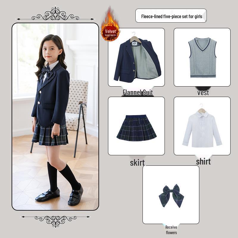 British Style Winter Uniform for Primary and Kindergarten – Children's Velvet Suit Set with Jacket