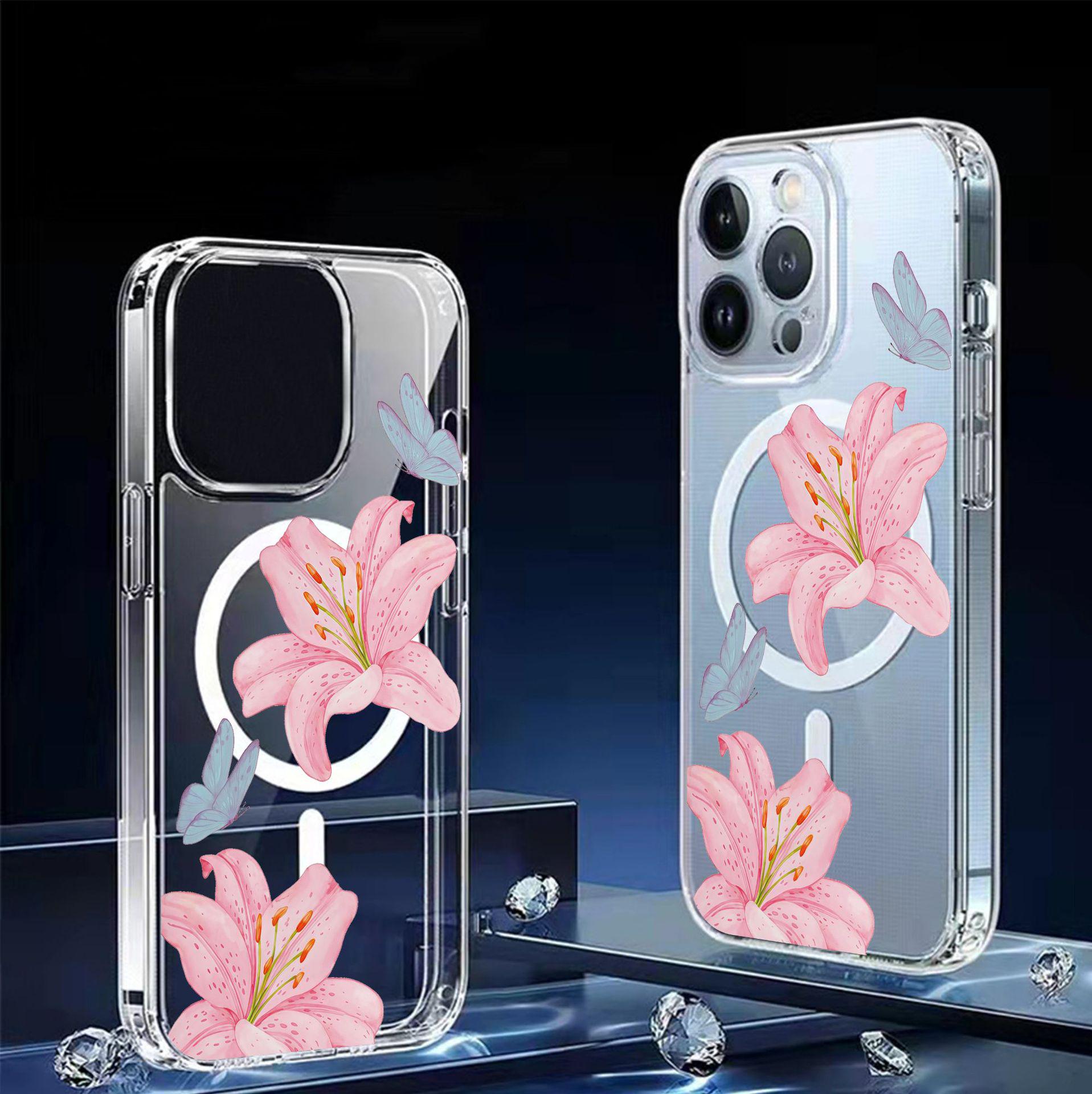 Two Flowers Magnetic Clear iPhone 14/15/16/17 Pro Max Case with Full Coverage iPhone 16 Plus прозрачный