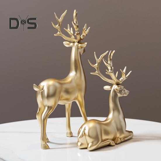 2Pcs Casal Rena Estatueta De Pé Deitado Cervo Estátua Resina Alce Escultura Natal Escritório Em Casa Estante Decoração De Mesa Ornamento