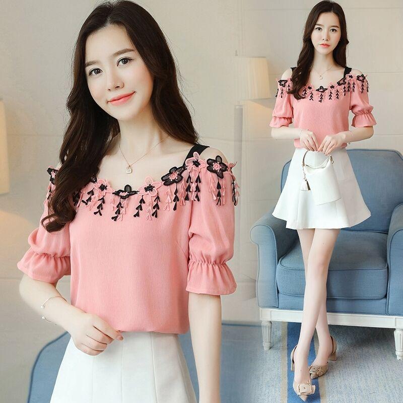 Slash Neck Off Shoulder Applique Casual Blouse Summer New Princess Sleeve Solid Color Slim Chiffon Shirt Women's Female