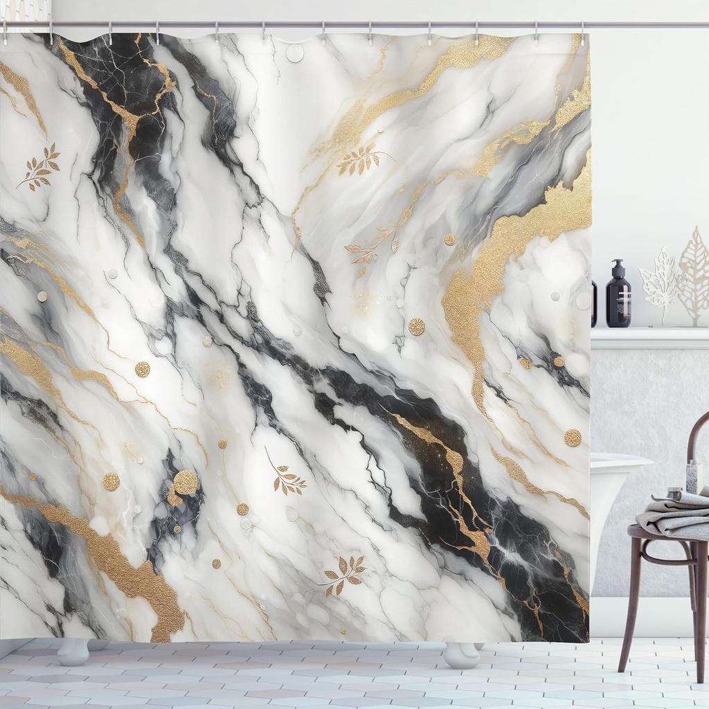 Black And White Shower Curtain, Modern Classic Marble Print With Golden Yellow And Grey Details, Cloth Fabric Bathroom
