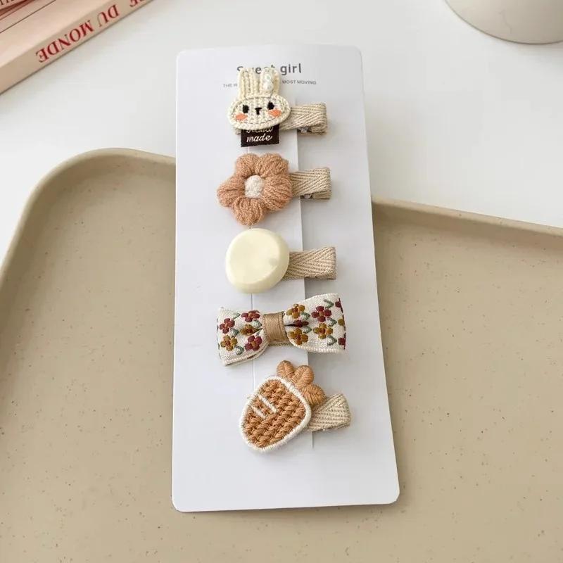 5pcs Sweet Kids Hair Clip Beige Coffee Color Plush Hairpin for BabyToddler Autumn Winter Kawaii Bowknot Headwear for Girls