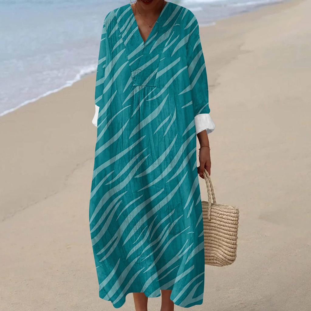 Women's Casual Fashion V-Neck Long Sleeve Floral Print Maxi Dress