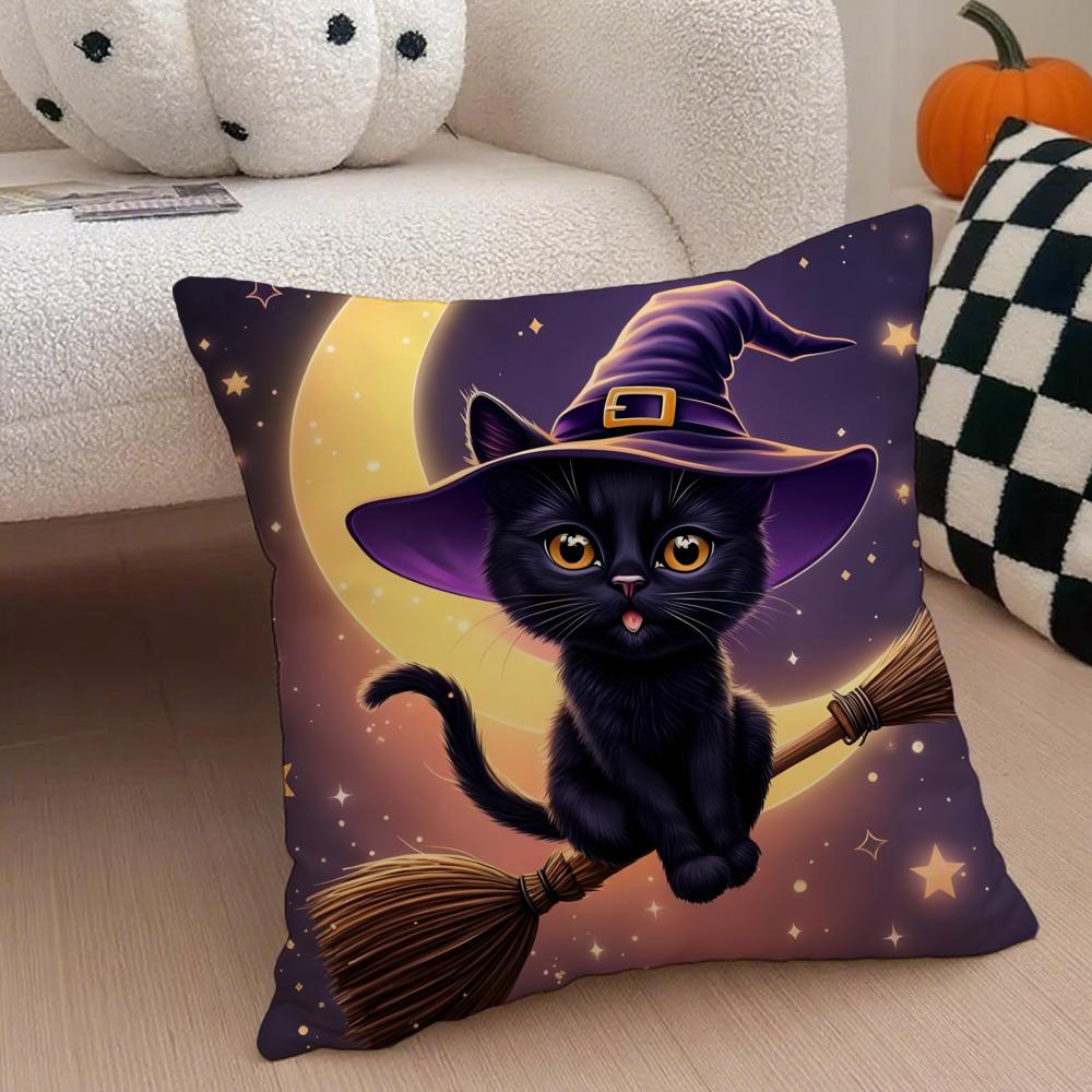 Character Spooky Halloween magic cat Cushion Cover Throw Pillow Cover Hidden Button Durable Polyester Chair Cushion