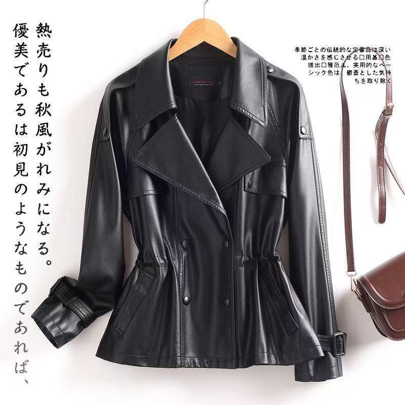 Haining Leather Jacket Women Short Slim Fit Sheepskin Trench Coat Office Wear Petite Size 2025