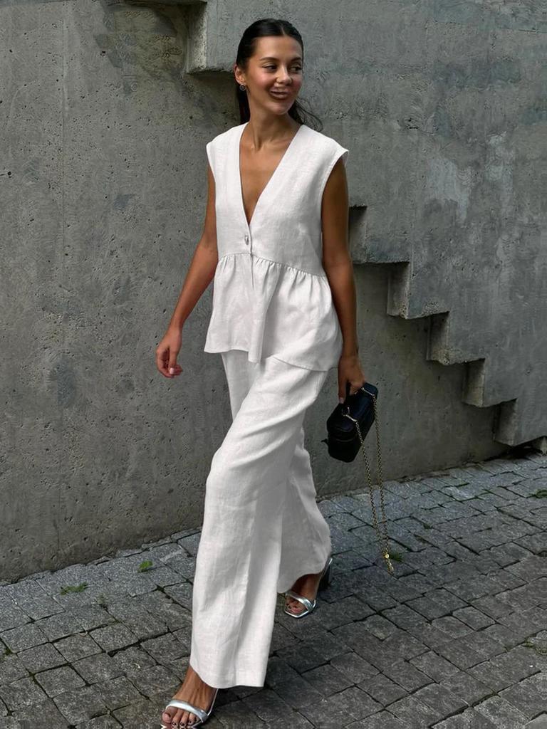 Cotton V-Neck Sleeveless Vest Top Long Pants Set Women's New Pure Color Temperament Commute Two-Piece Outfit