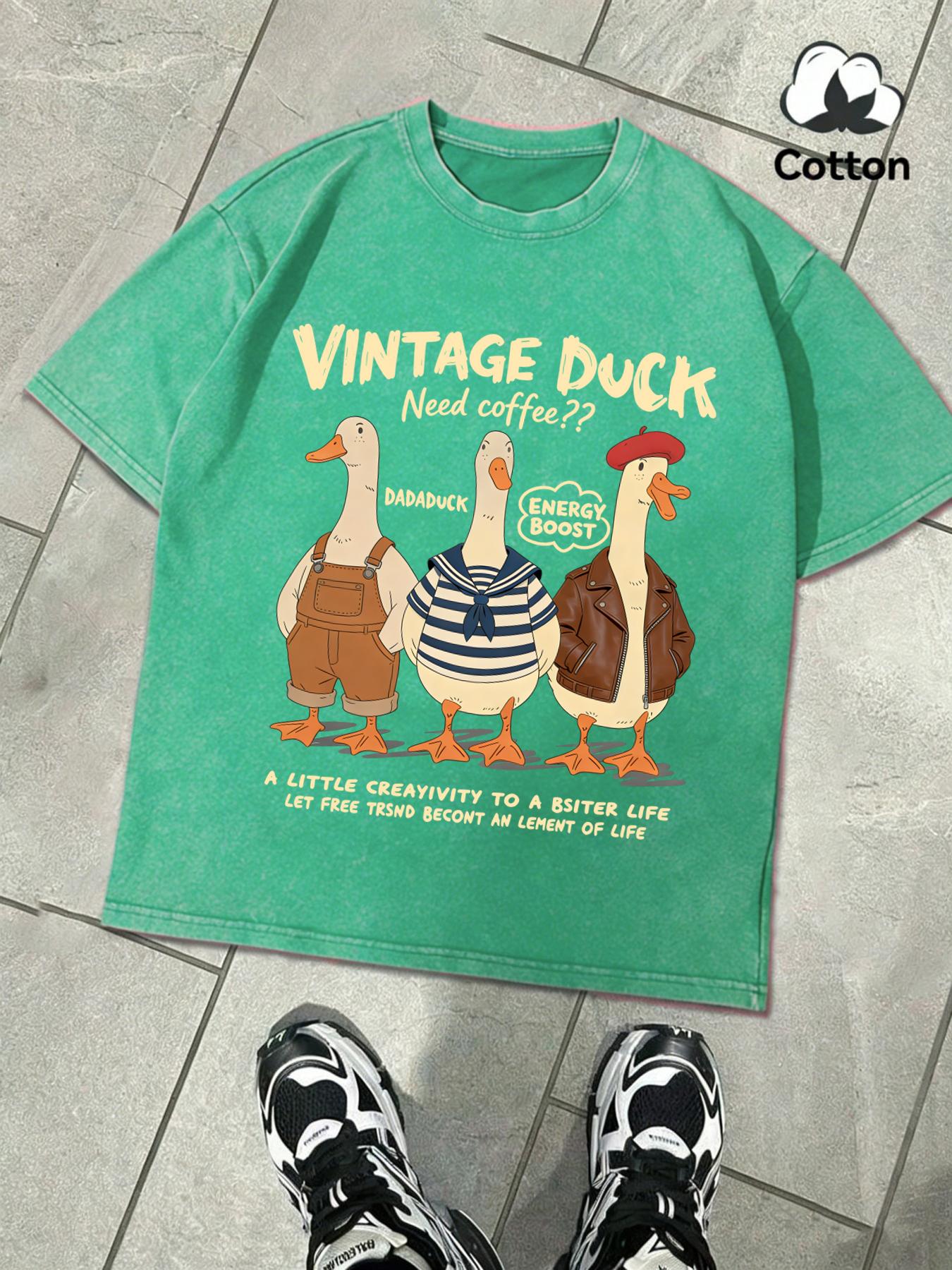

Vintage Duck Need Coffee Printing Snow Wash Men TShirt Summer Fashion Tops Casual Cotton Soft Washed Tee Unisex Clothing 2XL