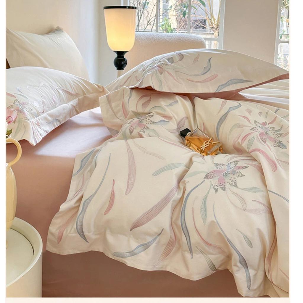 Set di biancheria da letto di lusso 4 pezzi in cotone a fibra lunga 100S, Copripiumino Ricamato 100% Cotone con Lenzuolo Sotto, Ultra Morbido e Liscio per Dormire a Pelle