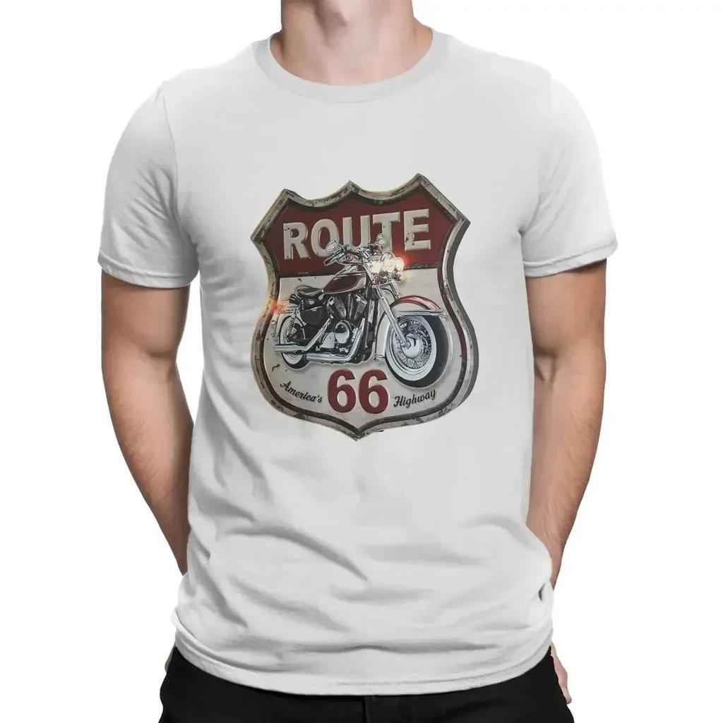 Men's Vintage Motorcycle Printed Short Sleeved T-shirt with US Route 66 Pattern T Shirt Cotton Round Neck Tee Casual Women Shirt