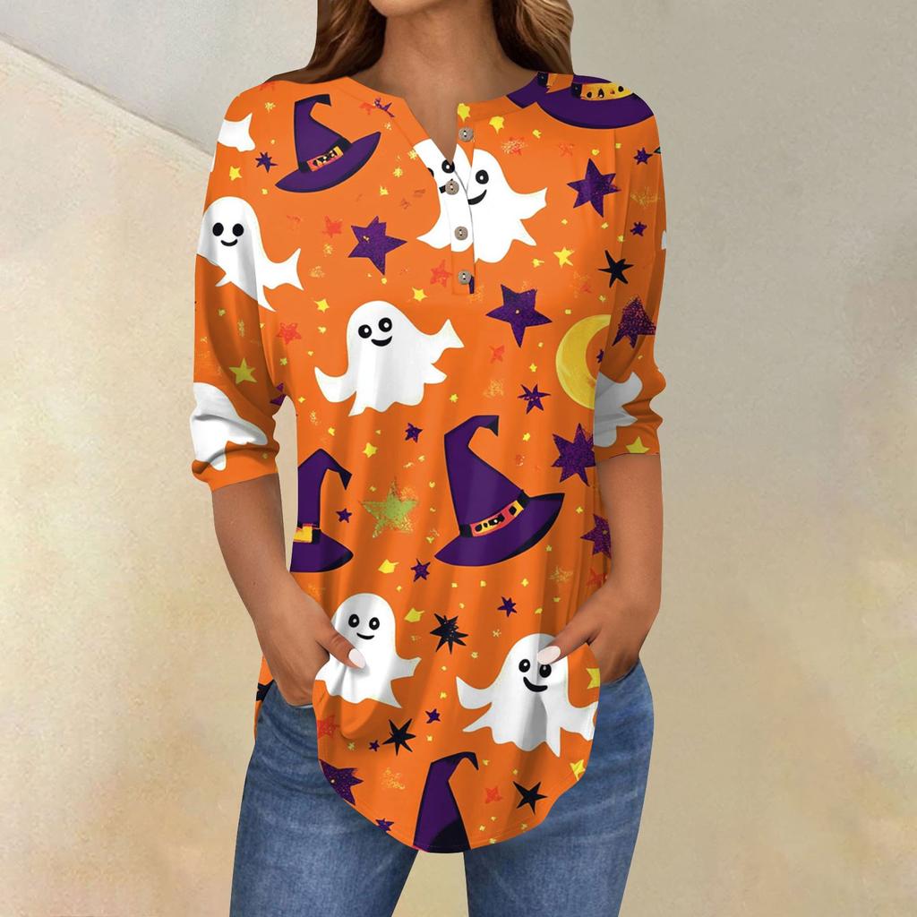 Women's Fashion Loose Button Collar Halloween Print Long Sleeve T-Shirt Top Pullover