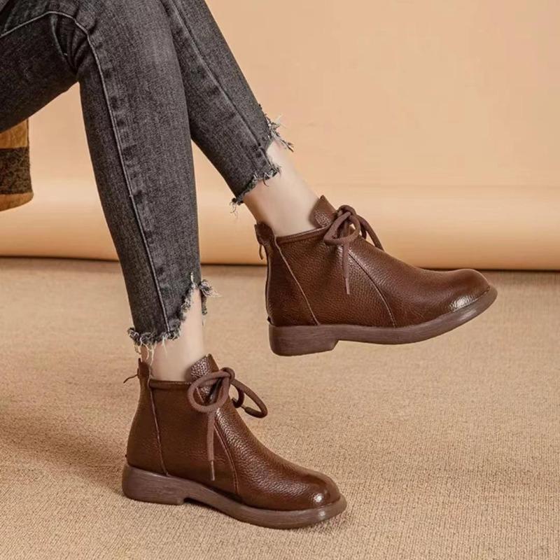 Prawdziwa Skóra Wygodne Płaskie Krótkie Botki Miękka Powierzchnia Miękka Podeszwa Wygodne Wszechstronne Damskie Skórzane Botki Skóra Bydlęca Antypoślizgowe Botki 35-41