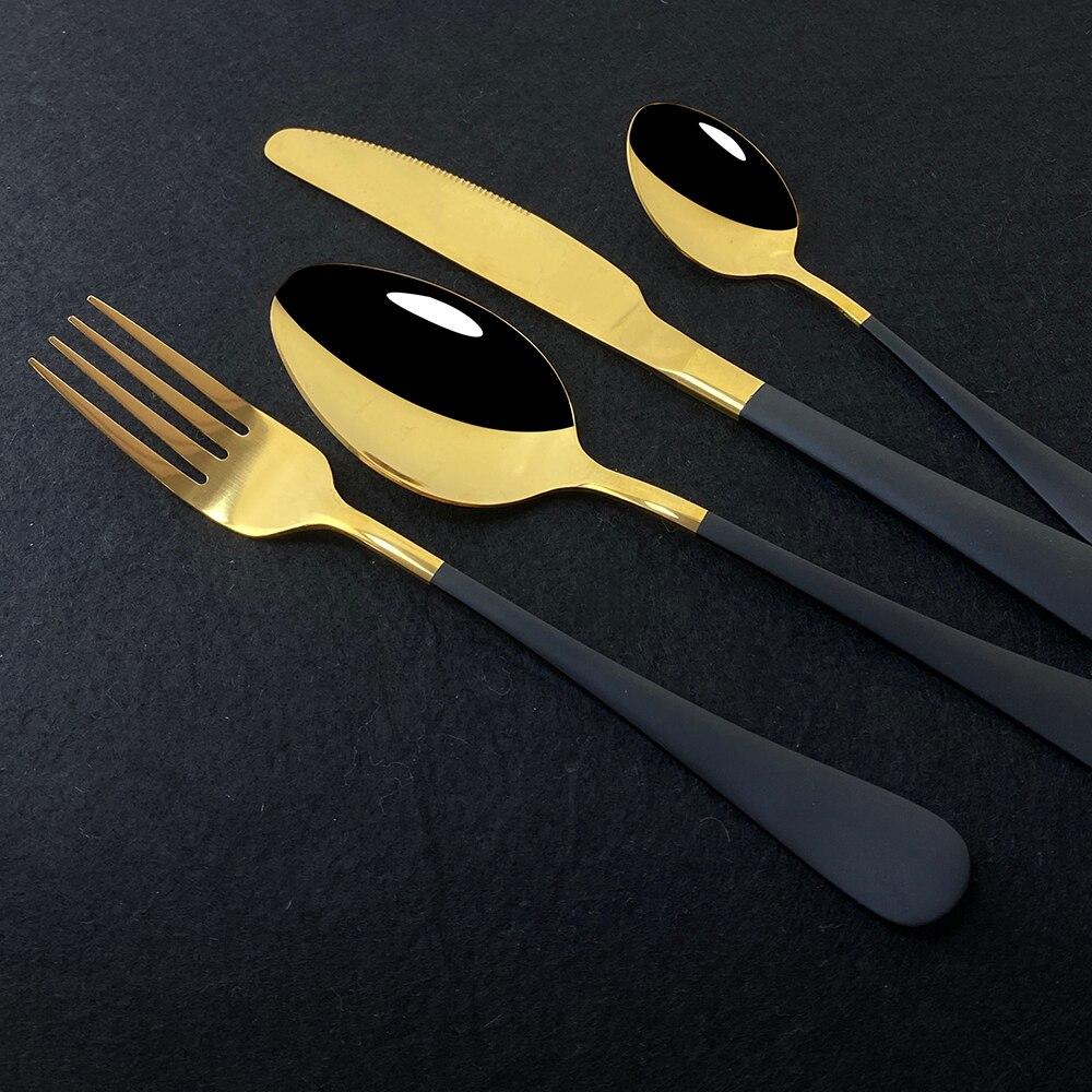 24Pcs/set Stainless Steel Dinner Black Gold Dinnerware Set Knife Fork Coffee Spoon Cutlery Set Kitchen Tableware Silverware Sets