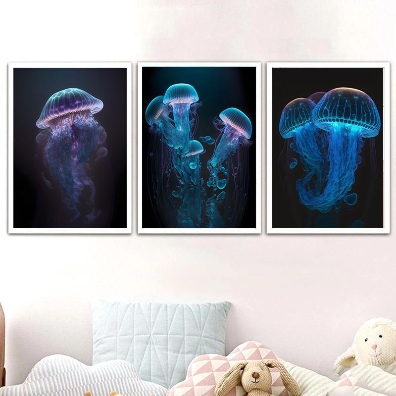 Moderne fluorescerende kwallen posters mariene dieren canvas schilderij kunst aan de muur foto afdrukken voor woonkamer huisdecoratie