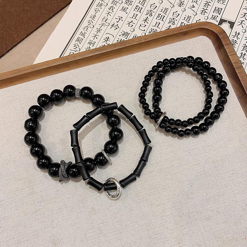 New Chinese retro black safety buckle bracelet women's double circle beaded bracelet couple same hand