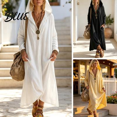 Daily Wear Dress Women Long Sleeve Hooded Dress  Casual Loose Boho Maxi for Fit Early Fall  Solid Color V-Neck with Pockets