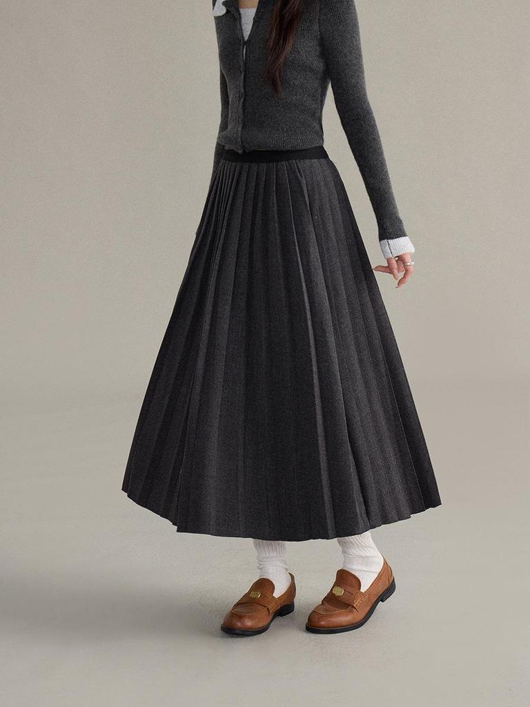 Ge Ming Retro High-Waisted Wool Pleated A-line Midi Skirt for Women - Winter Commute Style