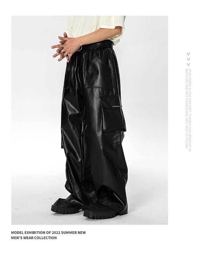 Men's Autumn West Coast Hip-Hop Punk Multi-Pocket Leather Pants