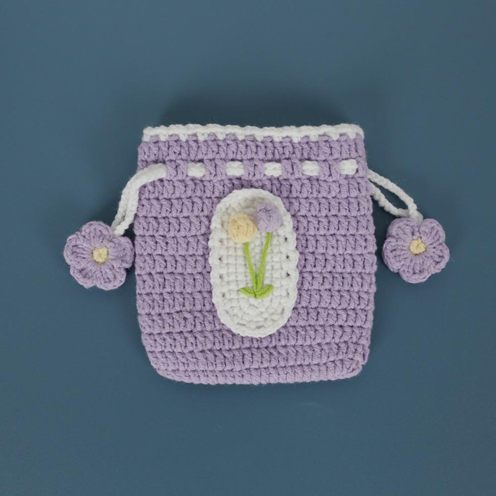 Sweet Hand-Woven Coin Bag Knitted Yarn Crochet Drawstring Bags Mini Wool Crochet Bag Women
