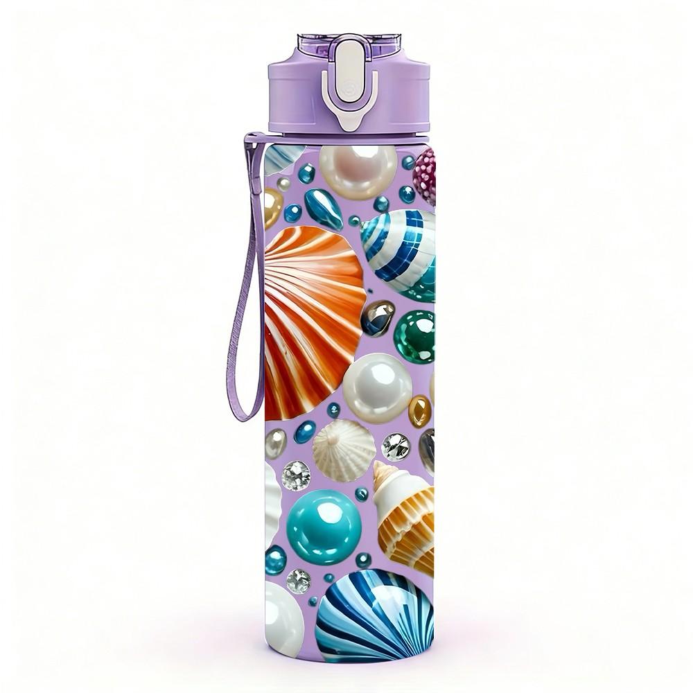 1PC Seashell Conch Ocean Beach Theme Print 750ml Color Plastic Sports Water Bottle Leakproof Flip Straw Lid Suitable for Sports Office Home Use