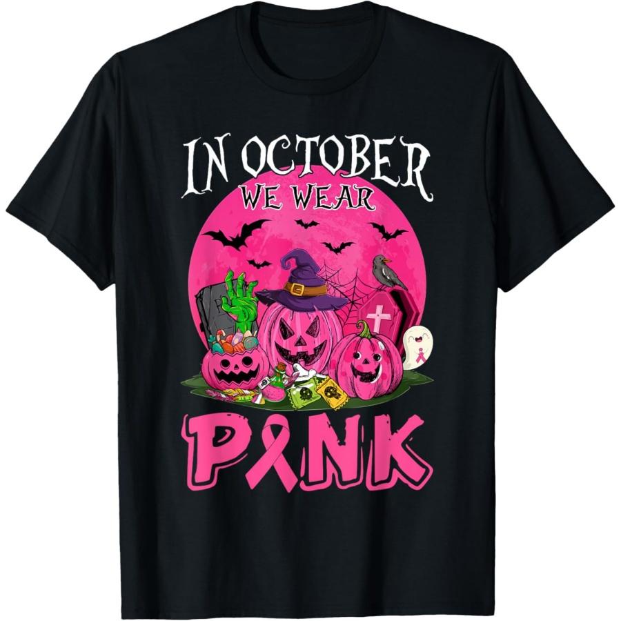 In October We Wear Pink Breast Cancer Witch Jack O lantern T-Shirt XXXXXL чёрный