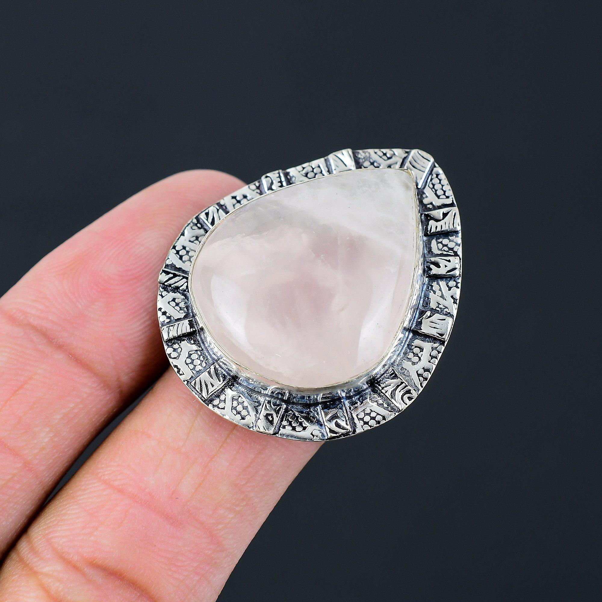 925 Sterling Silver Rose Quartz Gemstone Heart Chakra Artisan Unique Ring Size 8 8