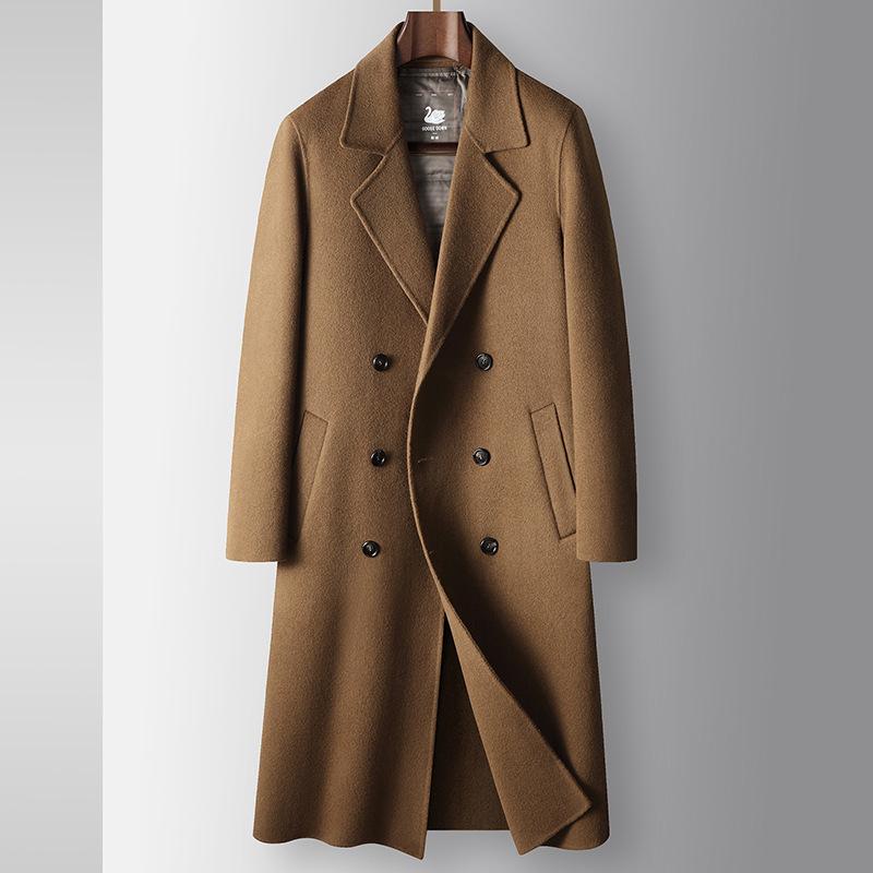 100% Wool Men's Coat Autumn and Winter Knee Long Double-breasted Goose Down Liner Casual Warm Double-sided Woolen Coat