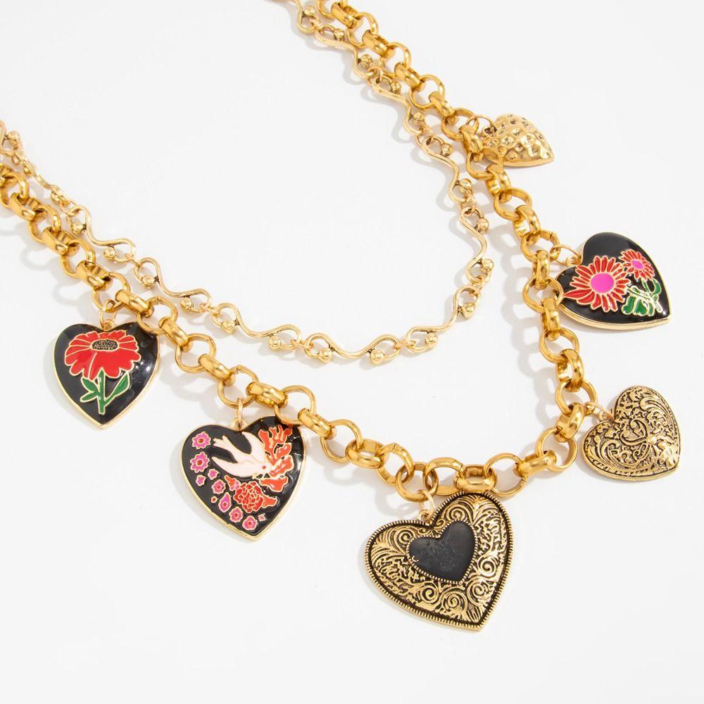 Floral Heart Pendant Necklace Gold Bohemian Collarbone Chain Fashion Enamel Necklace  Girls