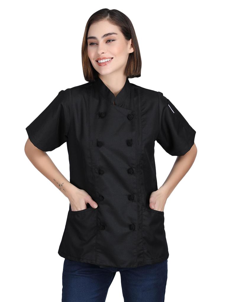 Womens Short Sleeve Chef Coat, Custom Embroidered Culinary Jacket, Knotted Cloth Buttons, Flattering Fit Uniform, Kitchen Gift