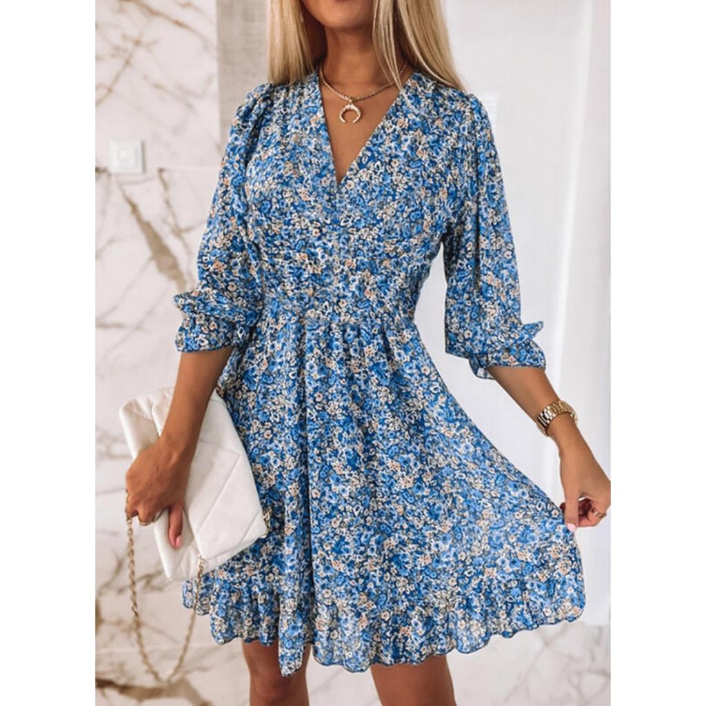 Women's Boho Floral Print Midi Dress, V Neck Short Sleeve High Waist Casual Summer Dress for Women